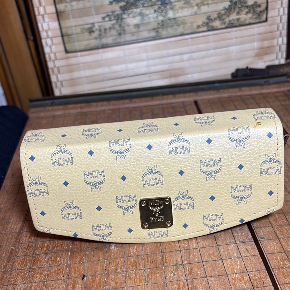 MCM Eyes Monogram Glasses Case Cream Yellow Snap Flap Closure 6.5”Lx2.75”Dx2.75”